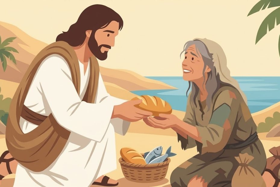 Prière d’une pauvre mendiante à Jésus - des mains vides tendues recevant du pain lumineux d'une main marquée d'une plaie